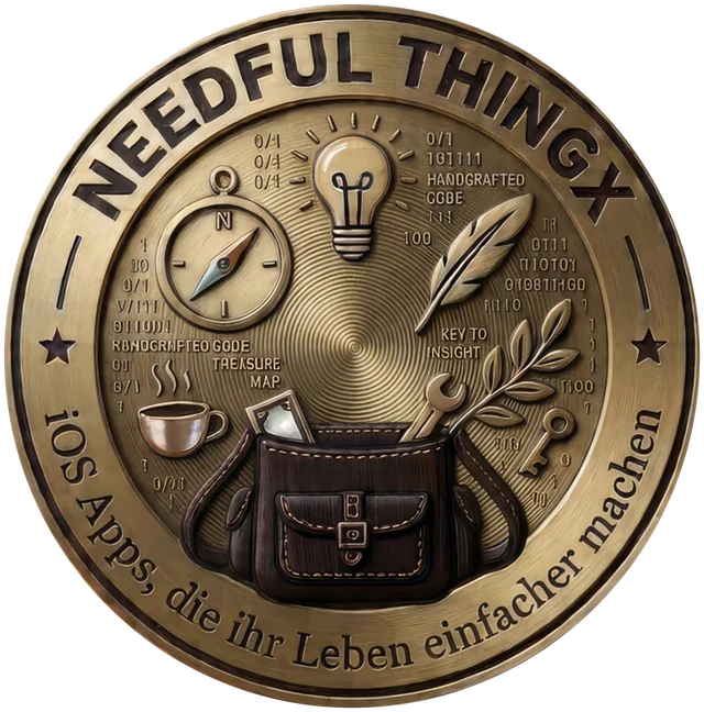 Needful ThingX – Logo-Medaille mit Kompass, Glühbirne, Feder, Schlüssel und Ledertasche